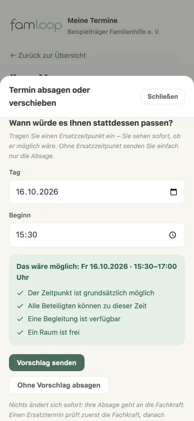 Absagen mit Gegenvorschlag: Die Familie sieht sofort, ob ihr Wunschtermin möglich wäre.
