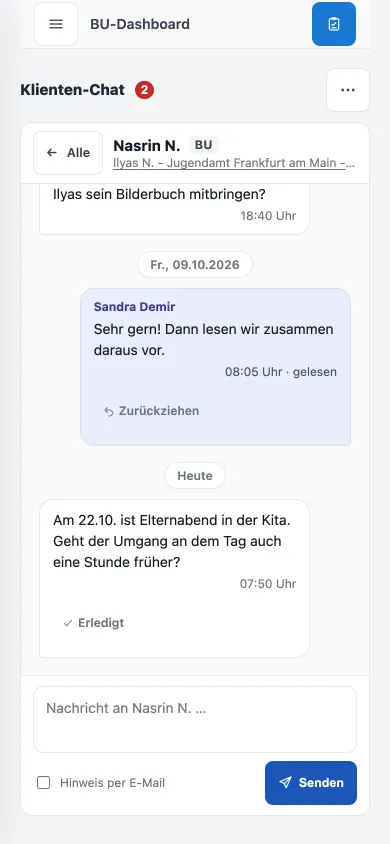 Ein Faden je Person: Familie und Fachkraft schreiben sich im Programm statt per Mail.