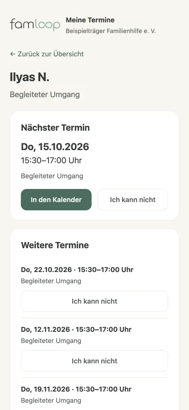 Das Familienportal: Eltern sehen ihren nächsten Termin, tragen ihn in den Kalender ein oder sagen ab. Ich kann nicht.