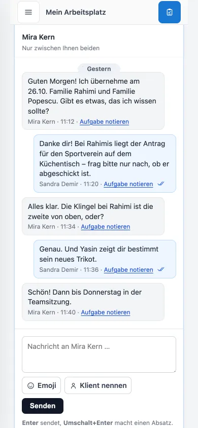 Kurze Absprachen im Team-Chat: Übergabe an die Vertretung, ohne E-Mail. Aufgabe notieren.