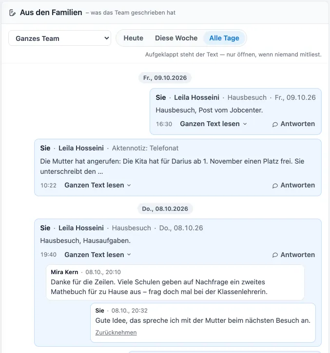 Was das Team dokumentiert und notiert hat, erscheint als Verlauf; antworten geht direkt darunter.