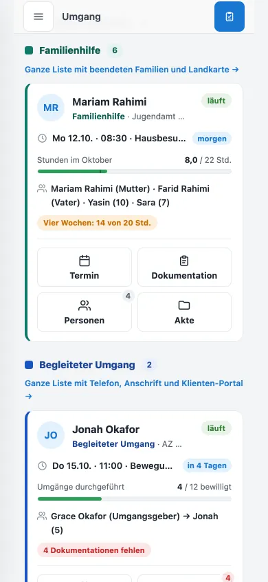 Meine Klienten am Handy: Familienhilfe und Begleiteter Umgang auf einer Seite, mit nächstem Termin und Stunden.