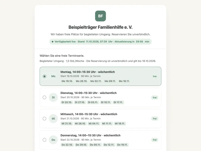 Freie Plätze fürs Jugendamt: Terminserien live aus dem Kalender, unverbindlich reservierbar.